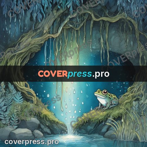 Night Ghibli style illustration: frog by water under drops