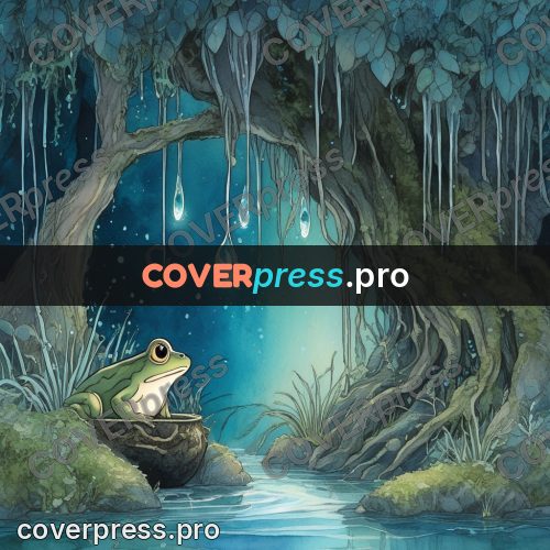 Night Ghibli style illustration: frog by water under drops