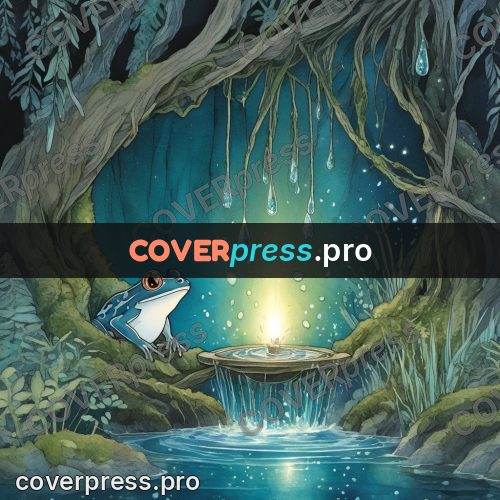 Night Ghibli style illustration: frog by water under drops
