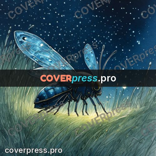 Night Ghibli style illustration: blue beetle in the grass