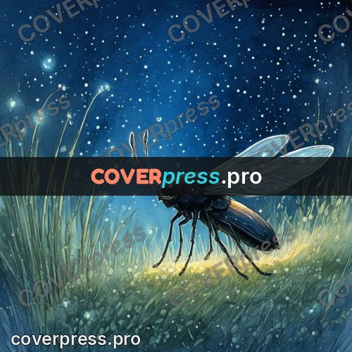 Night Ghibli style illustration: blue beetle in the grass