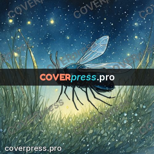 Night Ghibli style illustration: blue beetle in the grass