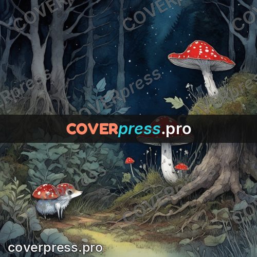 Night Ghibli style illustration: fly agaric among roots