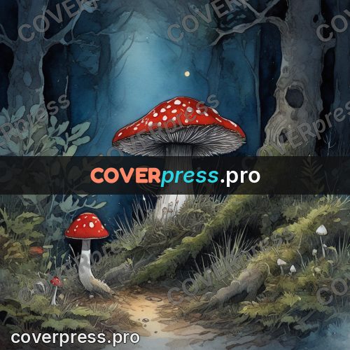 Night Ghibli style illustration: fly agaric among roots