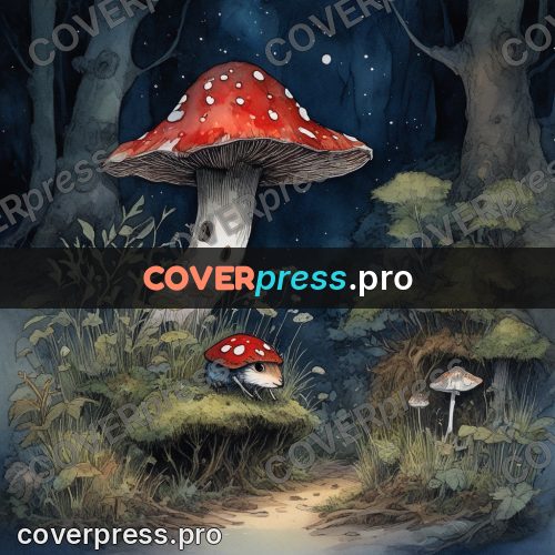 Night Ghibli style illustration: fly agaric among roots