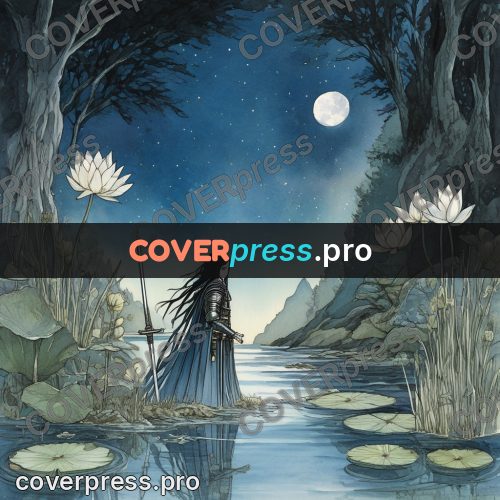 Night Ghibli style illustration: figure with a sword in water