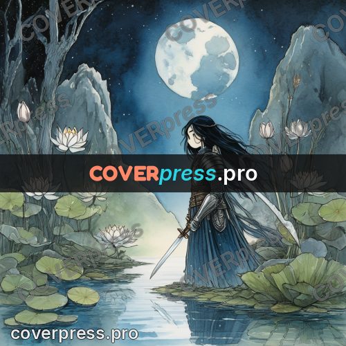 Night Ghibli style illustration: figure with a sword in water