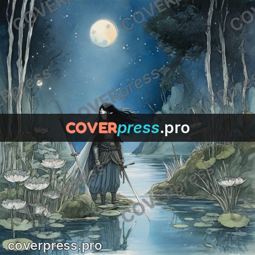 Night Ghibli style illustration: figure with a sword in water