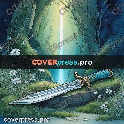 Night Ghibli style illustration: sword on a mossy stone
