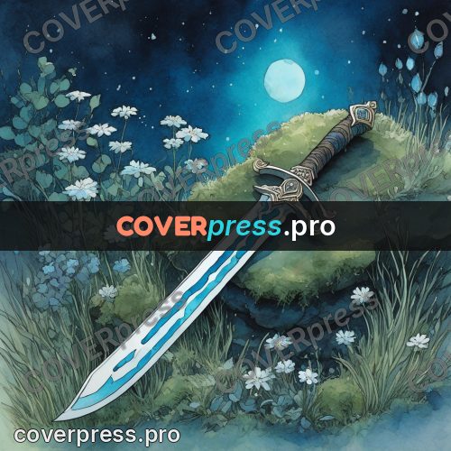 Night Ghibli style illustration: sword on a mossy stone