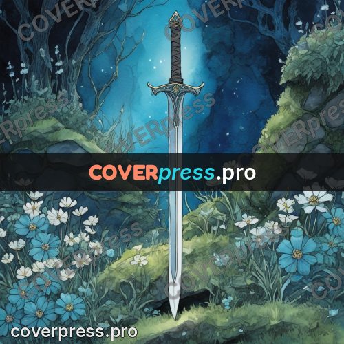 Night Ghibli style illustration: sword on a mossy stone