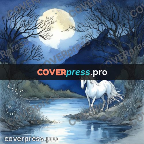 Night Ghibli style illustration: white horse by a river