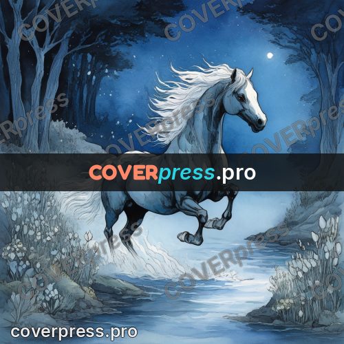 Night Ghibli style illustration: white horse by a river