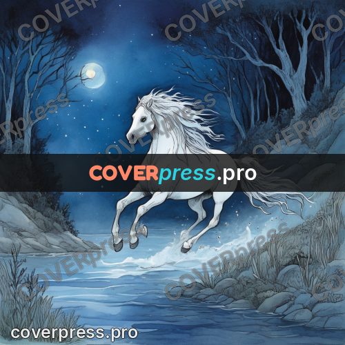 Night Ghibli style illustration: white horse by a river