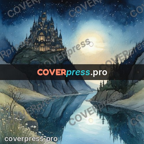 Night Ghibli style illustration: castle with spires above a lake