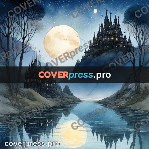 Night Ghibli style illustration: castle with spires above a lake