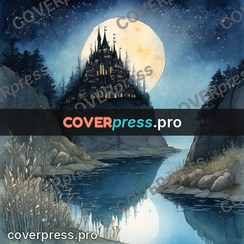 Night Ghibli style illustration: castle with spires above a lake