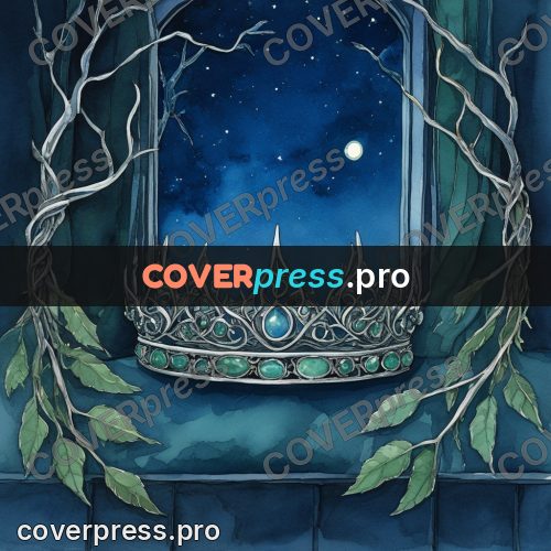 Night Ghibli style illustration: crown on a stone ledge