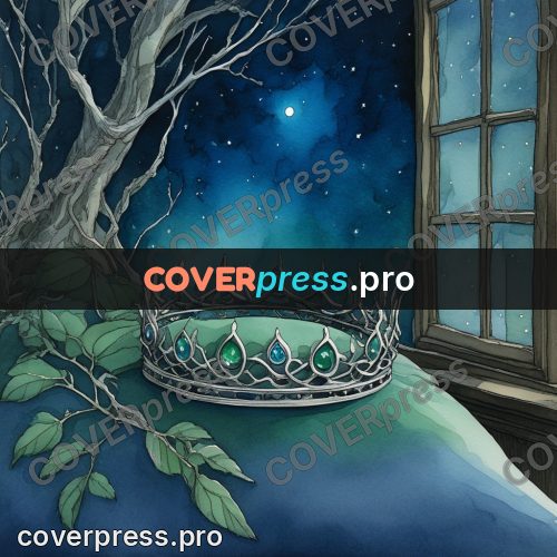 Night Ghibli style illustration: crown on a stone ledge