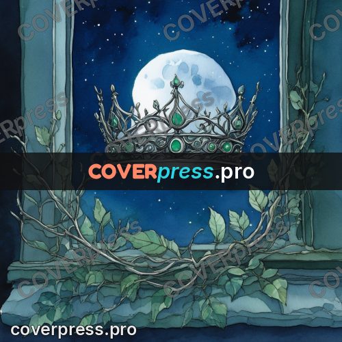 Night Ghibli style illustration: crown on a stone ledge