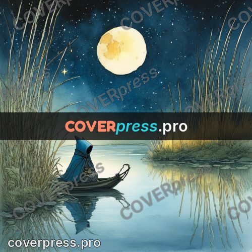 Night Ghibli style illustration: boat on a moonlit river