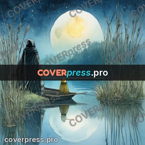 Night Ghibli style illustration: boat on a moonlit river