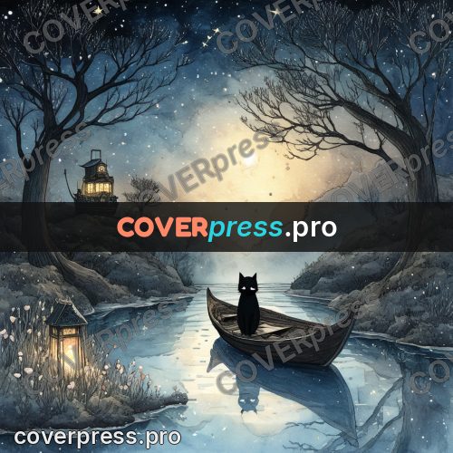 Night Ghibli style illustration: black cat in a boat
