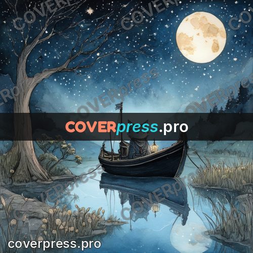 Night Ghibli style illustration: black cat in a boat