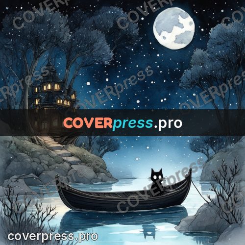 Night Ghibli style illustration: black cat in a boat