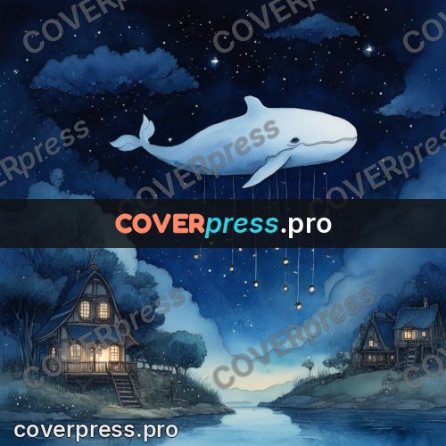 Night Ghibli style illustration: whale in the sky above houses