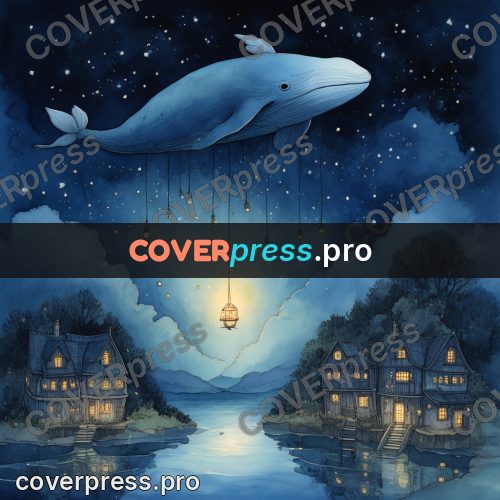 Night Ghibli style illustration: whale in the sky above houses