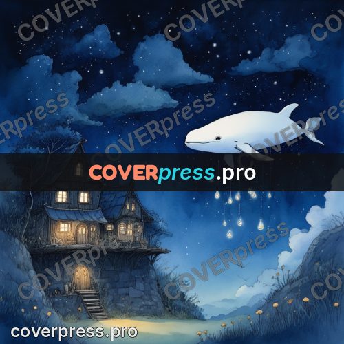Night Ghibli style illustration: whale in the sky above houses