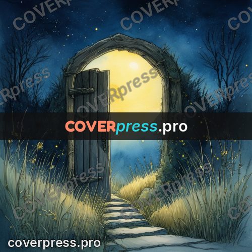 Night Ghibli style illustration: glowing doorway in a night garden