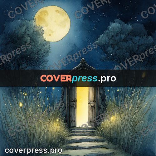 Night Ghibli style illustration: glowing doorway in a night garden