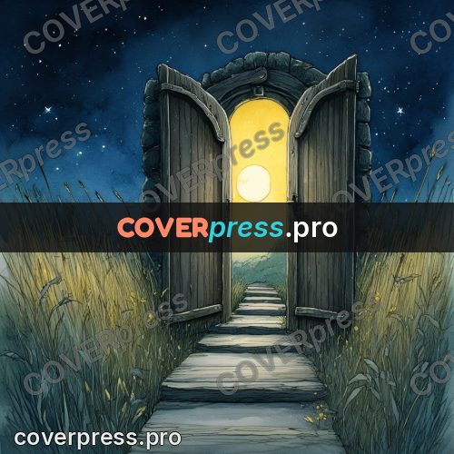 Night Ghibli style illustration: glowing doorway in a night garden