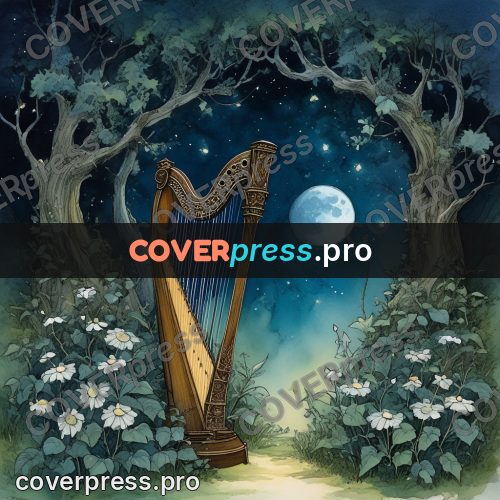 Night Ghibli style illustration: harp among trees under the moon