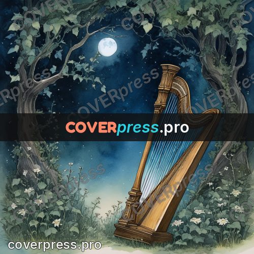 Night Ghibli style illustration: harp among trees under the moon