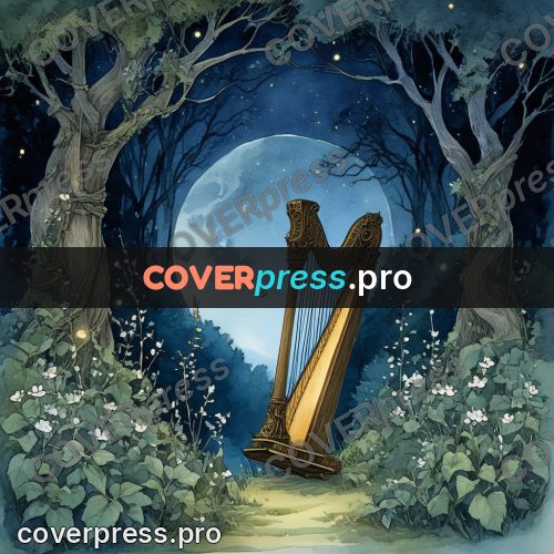 Night Ghibli style illustration: harp among trees under the moon