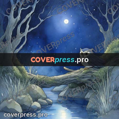 Night Ghibli style illustration: owl with a wooden flute