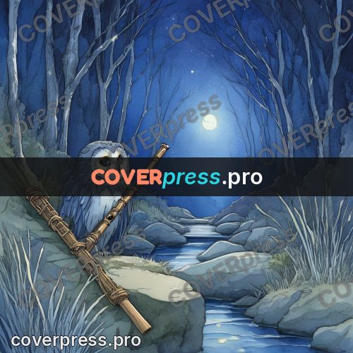 Night Ghibli style illustration: owl with a wooden flute