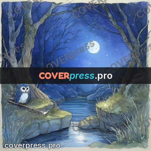 Night Ghibli style illustration: owl with a wooden flute