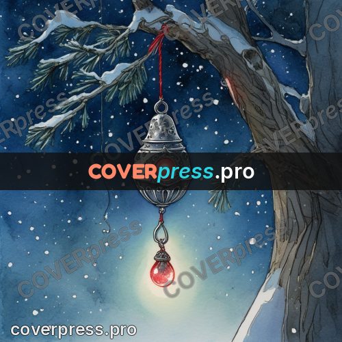 Night Ghibli style illustration: silver bell on a branch