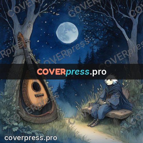 Night Ghibli style illustration: figure with a lute