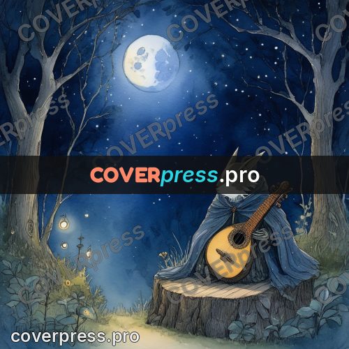 Night Ghibli style illustration: figure with a lute