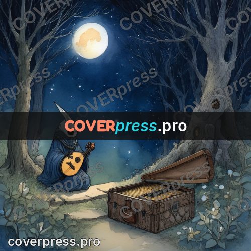 Night Ghibli style illustration: figure with a lute