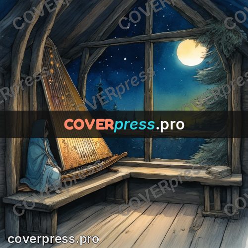 Night Ghibli style illustration: harp in a wooden shed