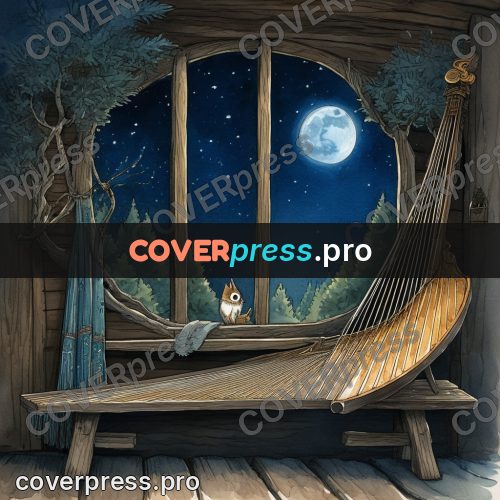 Night Ghibli style illustration: harp in a wooden shed