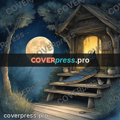 Night Ghibli style illustration: harp in a wooden shed