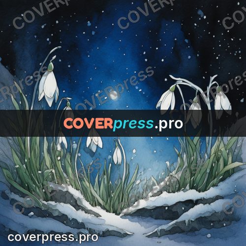 Night Ghibli style illustration: snowdrops in the snow at night