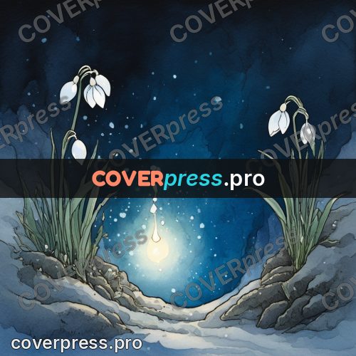 Night Ghibli style illustration: snowdrops in the snow at night